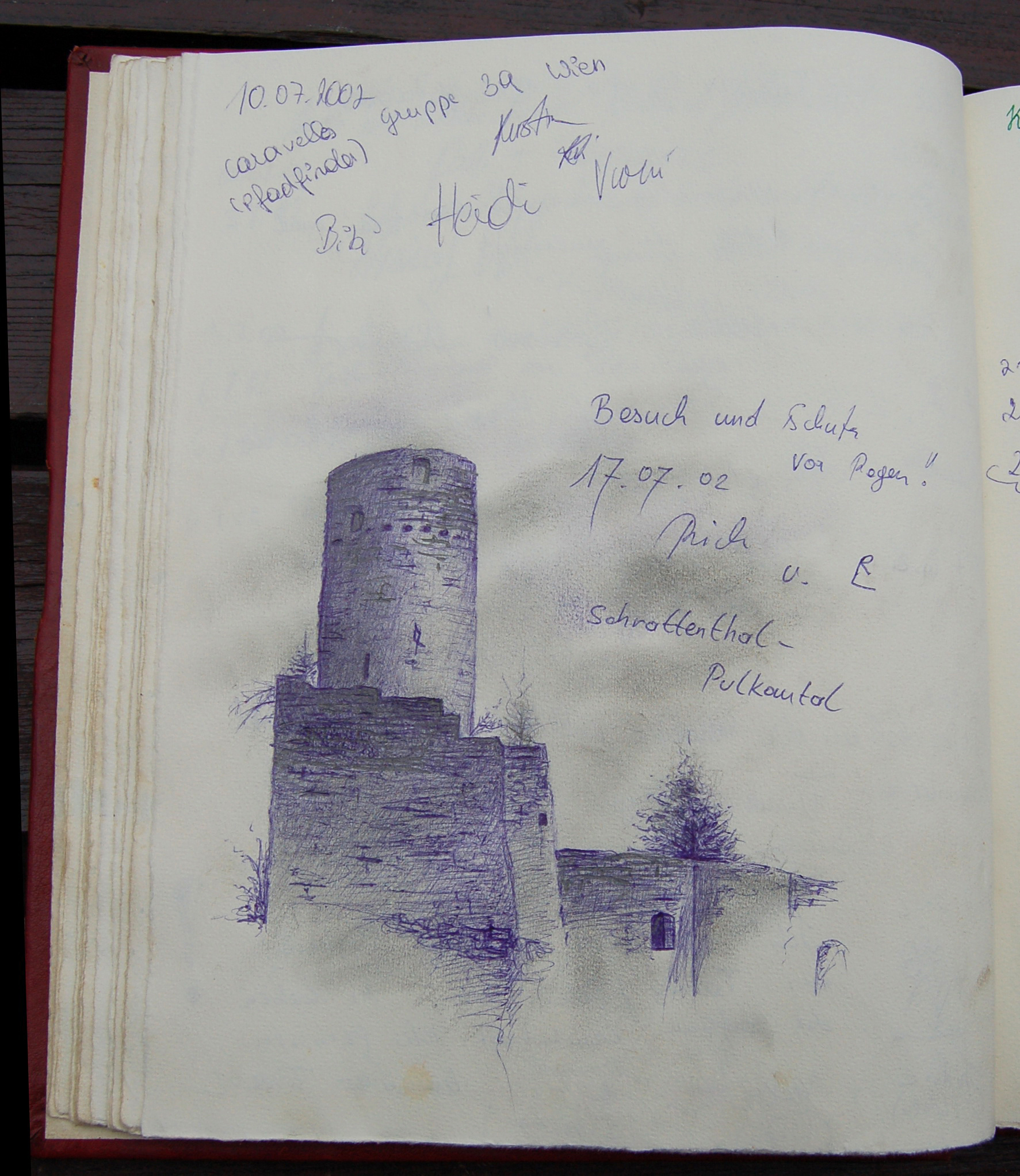 Ruine Kollmitz - Gstebuch Eintrag - Zeichnung, Blick auf Bergfried am 17.7.2002 -  Michael Ambrosch