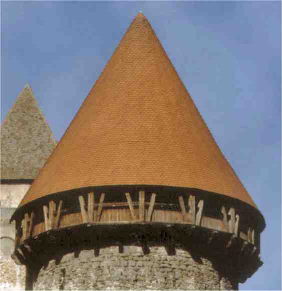 Detail der Dachkonstruktion mit Wehrgang am Turm der Wasserburg Heidenreichstein